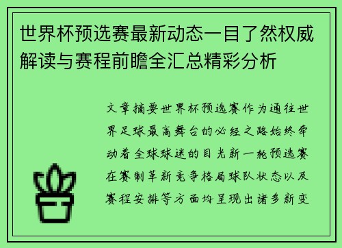 世界杯预选赛最新动态一目了然权威解读与赛程前瞻全汇总精彩分析
