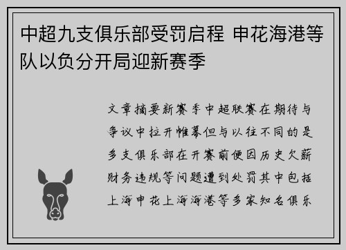 中超九支俱乐部受罚启程 申花海港等队以负分开局迎新赛季