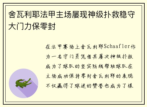 舍瓦利耶法甲主场屡现神级扑救稳守大门力保零封