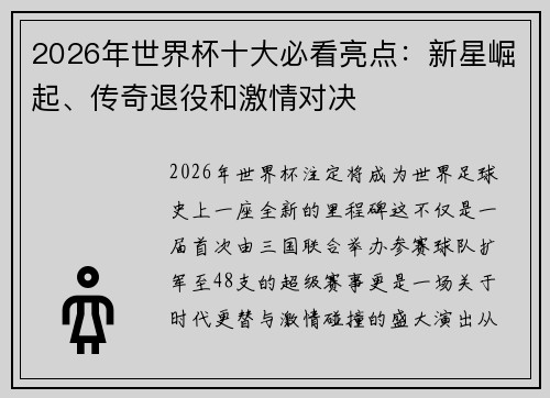 2026年世界杯十大必看亮点:新星崛起、传奇退役和激情对决 2026年世界杯十大必看亮点:新星崛起、传奇退役和激情对决