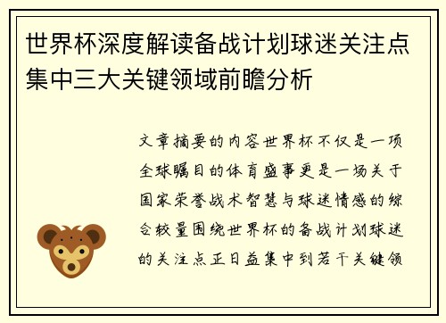 世界杯深度解读备战计划球迷关注点集中三大关键领域前瞻分析